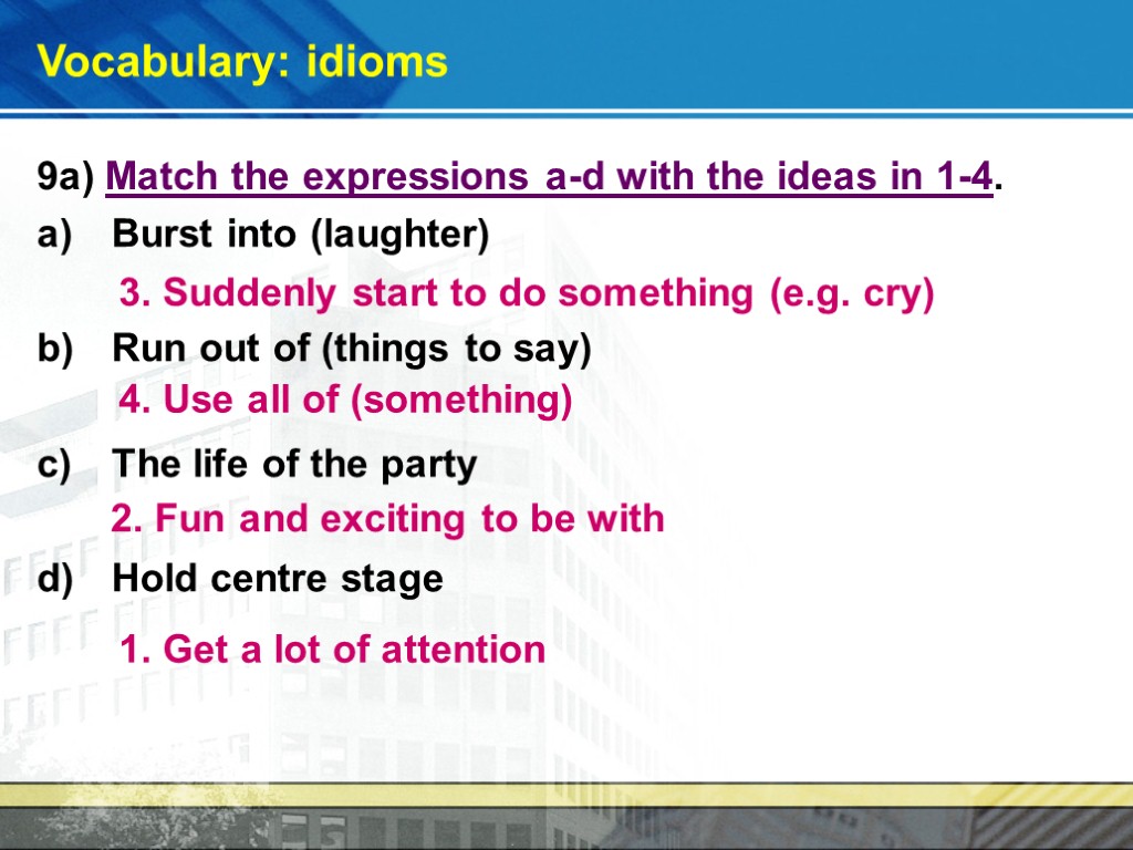 Vocabulary: idioms 9a) Match the expressions a-d with the ideas in 1-4. Burst into